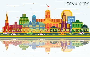 Iowa City Skyline renk binalar, mavi gökyüzü ve yansımaları ile