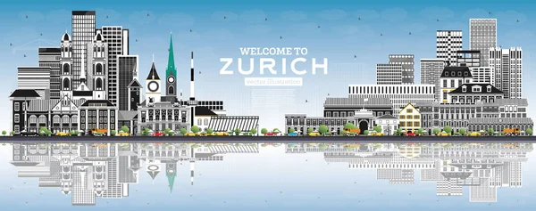 Bem-vindo ao Zurique Suíça Skyline com Edifícios Cinza, Azul — Vetor de Stock