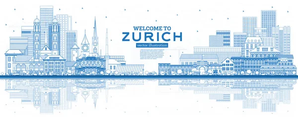 Esboço Bem-vindo a Zurique Suíça Skyline com Edifício Azul — Vetor de Stock