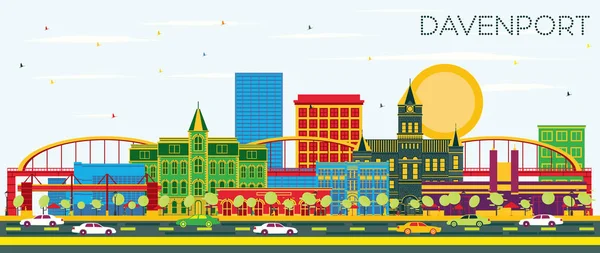 アイオワ州ダベンポート スカイライン色の建物と青い空 ベクトルの図 ビジネス旅行や歴史的建造物を観光イラスト — ストックベクタ