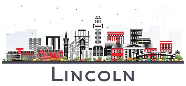 Lincoln Nebraska City Skyline com edifícios coloridos isolados em W — Vetor de Stock