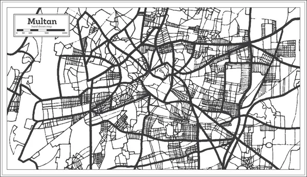 Карта города Мултан Пакистана в стиле ретро в черно-белом цвете — стоковый вектор