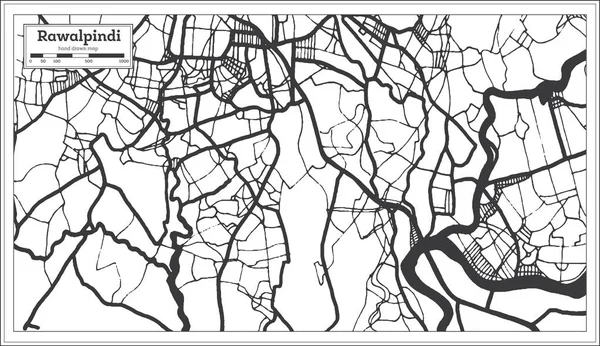 白黒Cのレトロなスタイルのラワルピンディパキスタン市地図 — ストックベクタ