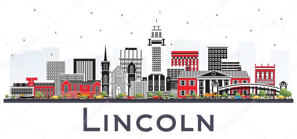 Lincoln Nebraska City Skyline with Color Buildings Isolated on W