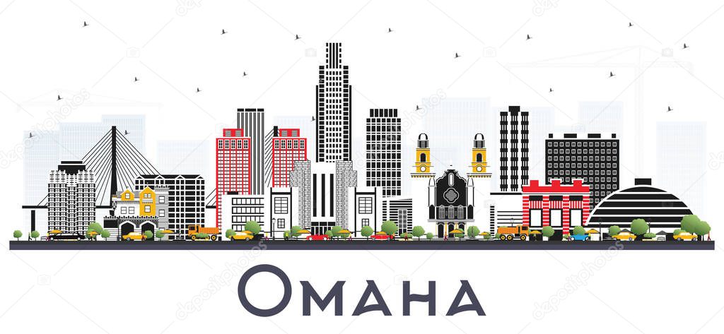Omaha Nebraska City Skyline with Color Buildings Isolated on Whi
