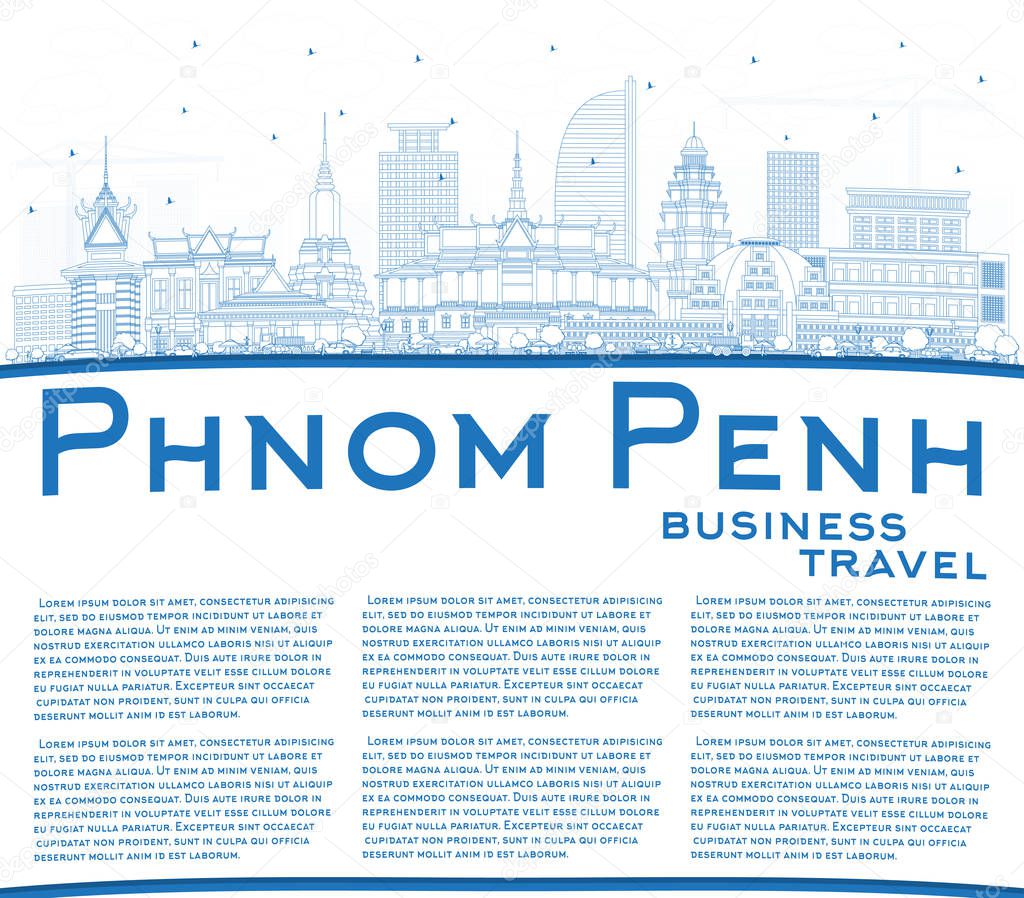 Outline Phnom Penh Cambodia City Skyline with Blue Buildings and