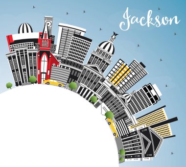 Gri Binalar ile Jackson Mississippi Şehir Skyline, Mavi Gökyüzü bir