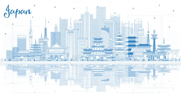 Vázlatos Üdvözöljük Japánban Skyline a Blue épületek és tükrözik — Stock Vector