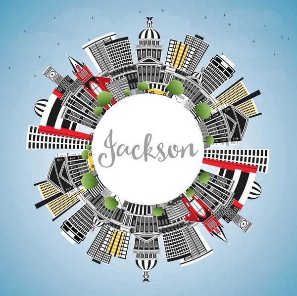 Jackson Mississippi City Skyline with Gray Buildings, Blue Sky a — Stock Vector