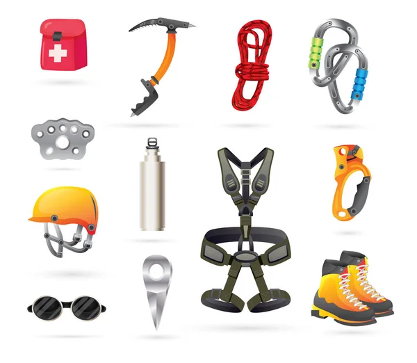 Ausrüstung für Bergsteigen und Wandern. Symbole gesetzt. — Stockvektor