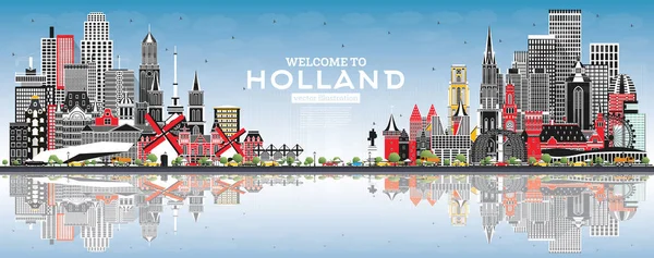Bem-vindo à Holanda Skyline com edifícios cinzentos e céu azul . — Vetor de Stock