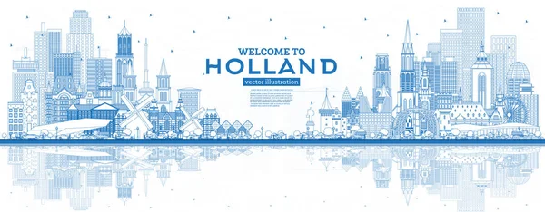 Esquema Bienvenido a Holanda Skyline con edificios azules . — Archivo Imágenes Vectoriales