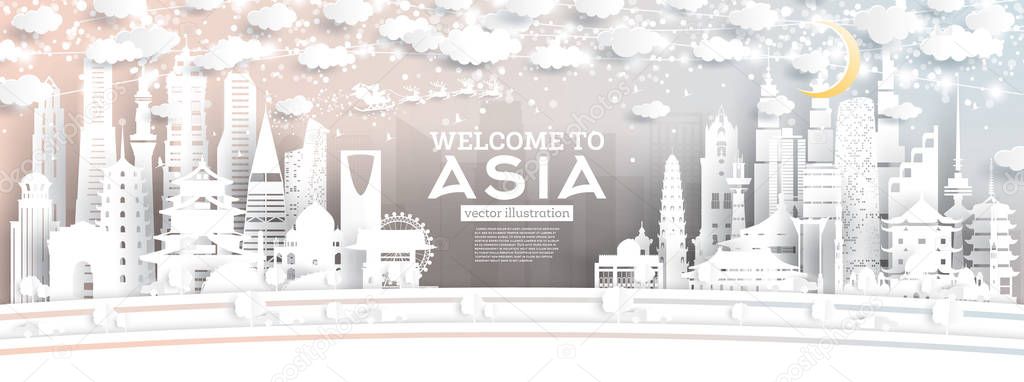 Asia City Skyline in Paper Cut Style with Snowflakes, Moon and N