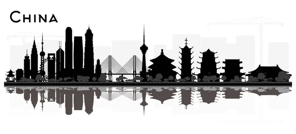 Горизонт китайського міста чорно-білий силует з рефлексії. — стоковий вектор