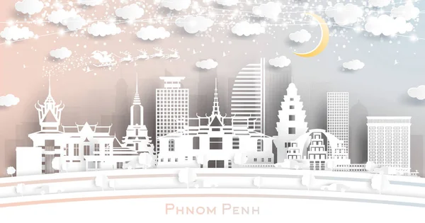 Phnom Penh Camboya City Skyline en estilo de corte de papel con Snowfla — Vector de stock