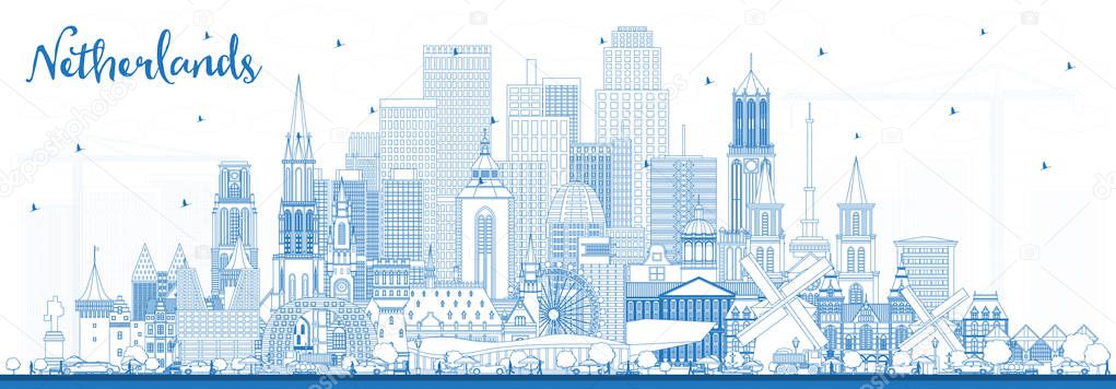 Outline Netherlands Skyline With Blue Buildings Vector Illustration Tourism Concept With Historic Architecture Cityscape With Landmarks Amsterdam Rotterdam The Hague Utrecht Premium Vector In Adobe Illustrator Ai Ai Format