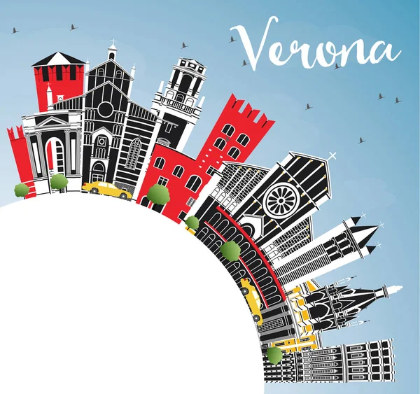 Verona Italy City Skyline com edifícios coloridos, céu azul e policial — Vetor de Stock