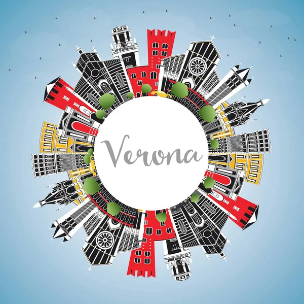 Verona Italy City Skyline with Color Buildings, Blue Sky and Cop — Stock Vector