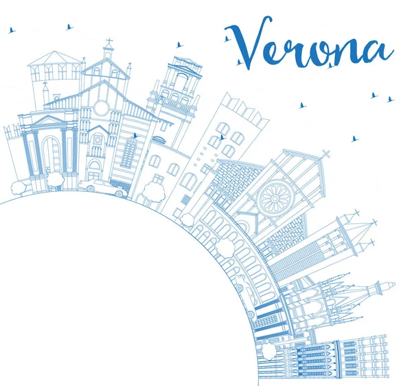 Outline Verona Italy City Skyline with Blue Buildings and Copy S — Stock Vector