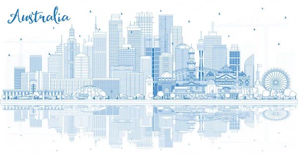 Esquema Australia City Skyline con edificios azules y reflectio — Archivo Imágenes Vectoriales