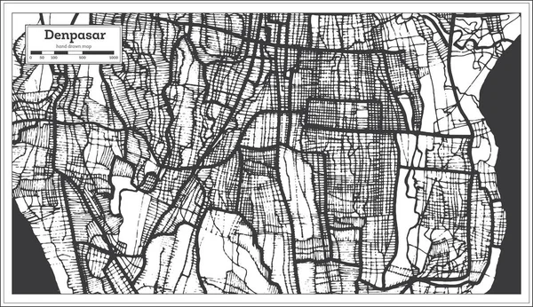 Denpasar indonesien stadtplan in schwarz-weiß. Umriss ma — Stockvektor