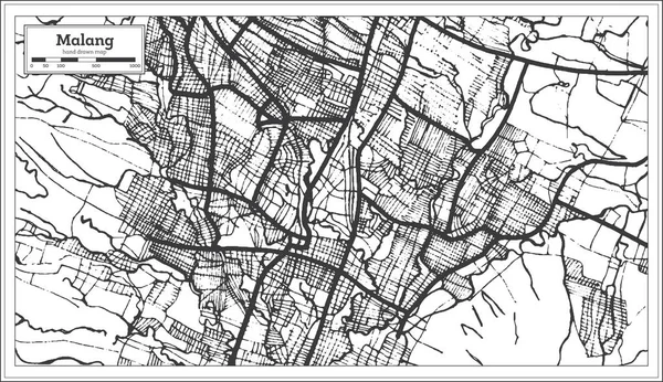 Mapa de la ciudad de Malang Indonesia en color blanco y negro. Mapa del esquema . — Vector de stock