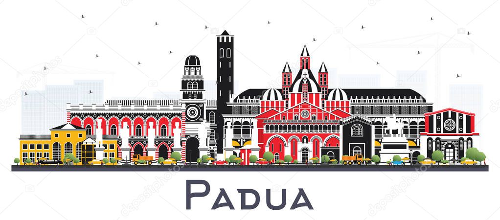 Padua Italy City Skyline with Color Buildings Isolated on White.