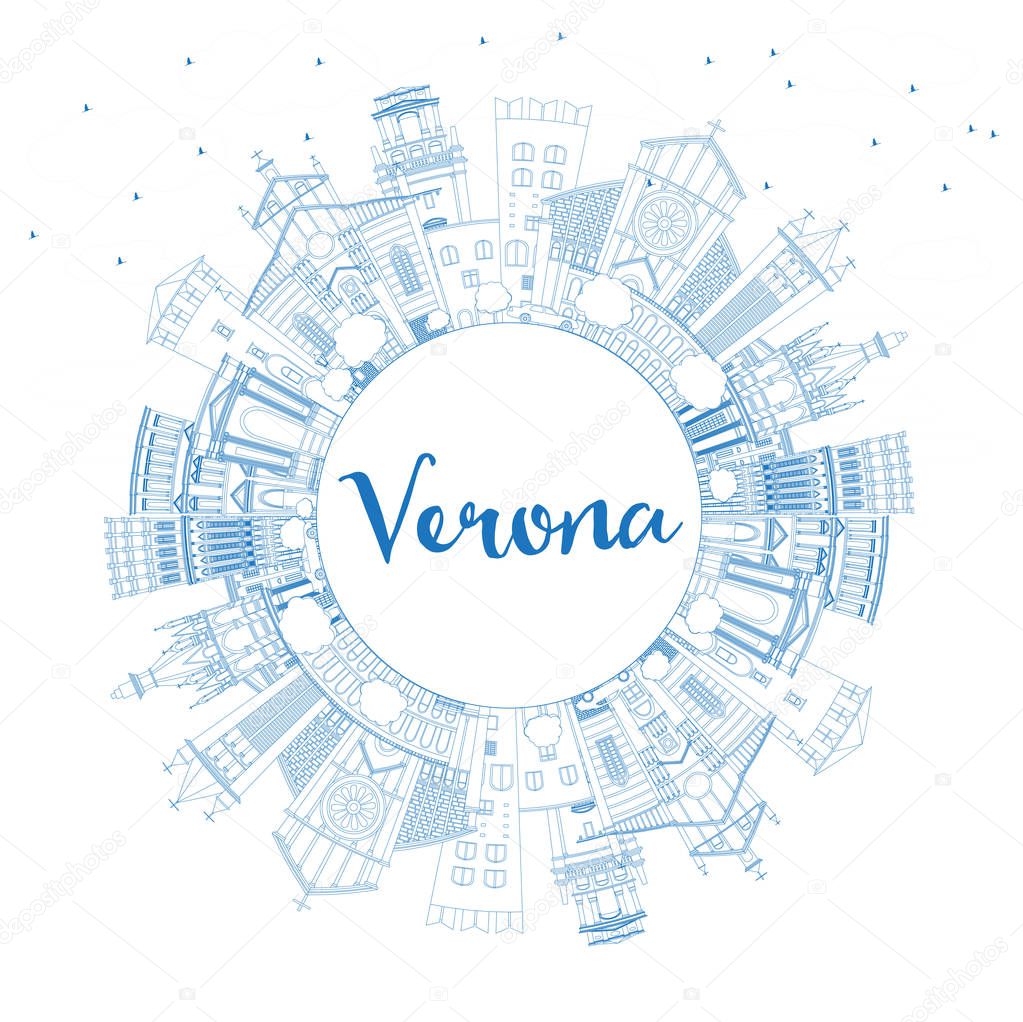 Outline Verona Italy City Skyline with Blue Buildings and Copy S