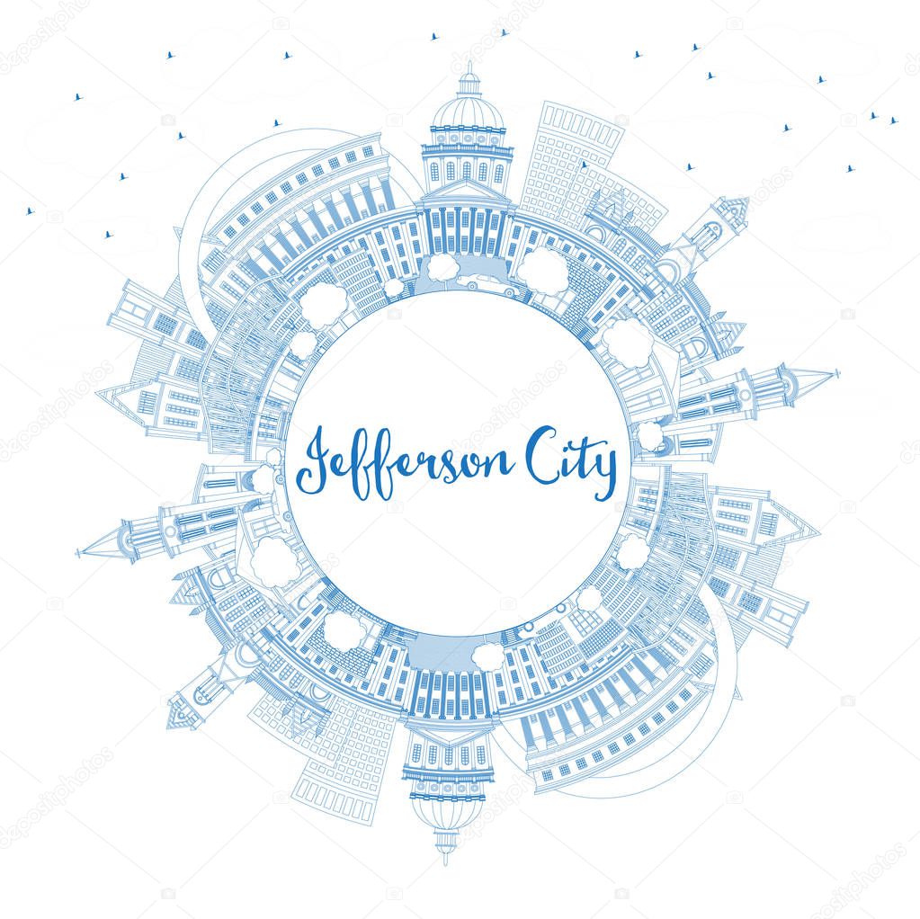 Outline Jefferson City Missouri Skyline with Blue Buildings and 