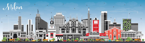 Milan Italy City Skyline with Color Buildings and Blue Sky.