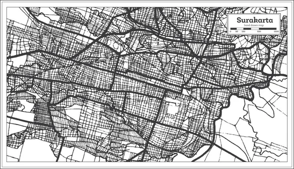 Surakarta indonesien stadtplan in schwarz-weißer farbe. Umriss m — Stockvektor