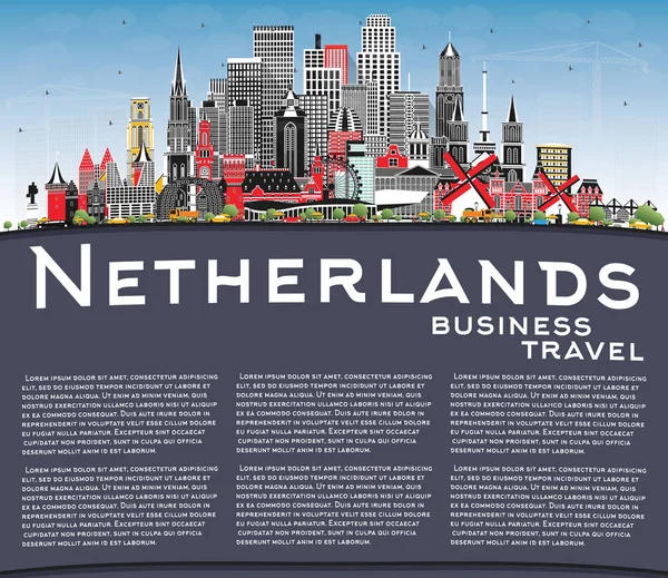 Nederland Skyline met Gray Buildings, Blue Sky en Copy Space — Stockvector