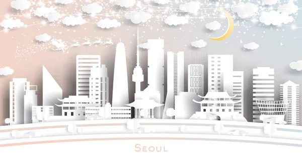 Seoul südkoreanische Stadtsilhouette im Papierschnitt-Stil mit Schneeflocke — Stockvektor