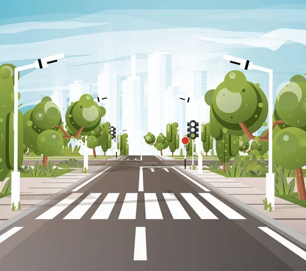 Leere Straße mit Zebrastreifen, Fahrbahnmarkierungen, Gehweg für Fußgänger — Stockvektor