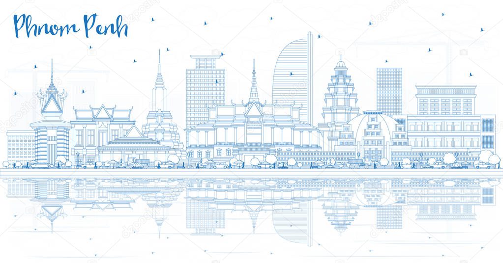 Outline Phnom Penh Cambodia City Skyline with Blue Buildings and