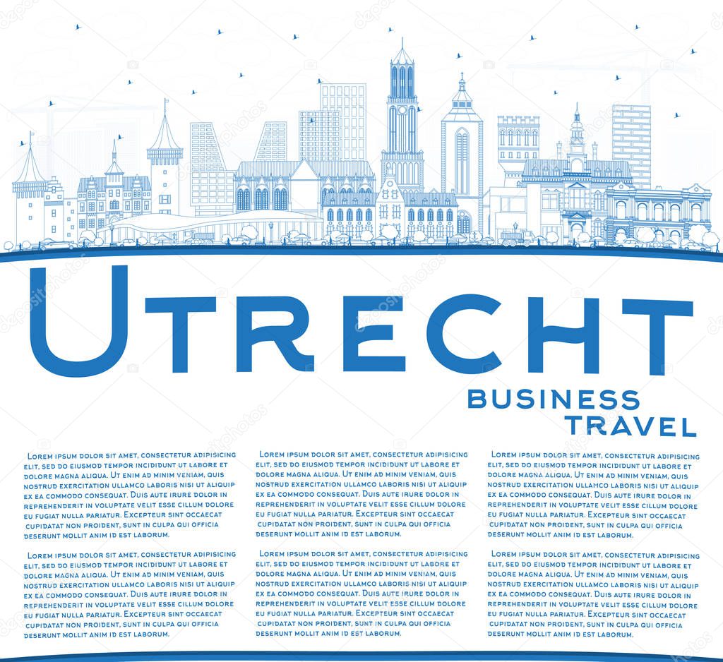 Outline Utrecht Netherlands City Skyline with Blue Buildings and