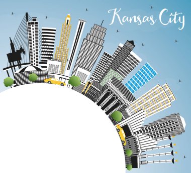 Kansas City Missouri manzarası renkli binalar, mavi gökyüzü ve 