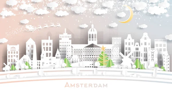 Amsterdam Holland City Skyline papírvágó stílusban hópehellyel — Stock Vector