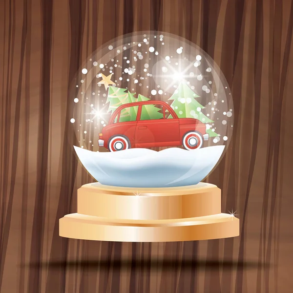 Boule de cristal de Noël avec neige et voiture rouge portant sapin o — Image vectorielle