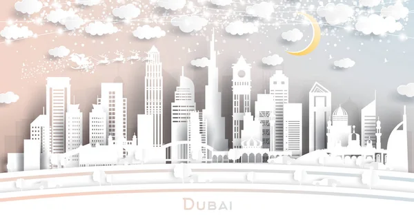 Dubai UAE City Skyline in Paper Cut Style with Snowflakes, Moon — Stock Vector