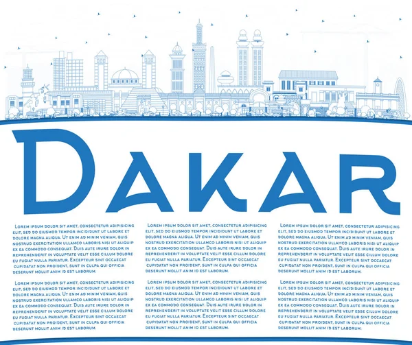 Esquema Dakar Senegal Ciudad Skyline con edificios azules y copia — Vector de stock