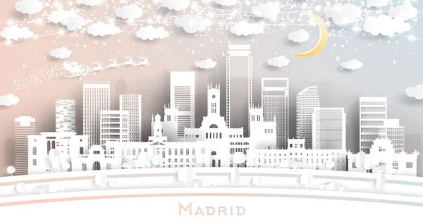 Ciudad de Madrid España Skyline en estilo de corte de papel con copos de nieve, Mo — Vector de stock