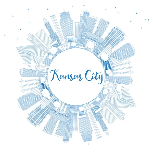 Esquema Kansas City Missouri Skyline con edificios azules y policía — Vector de stock