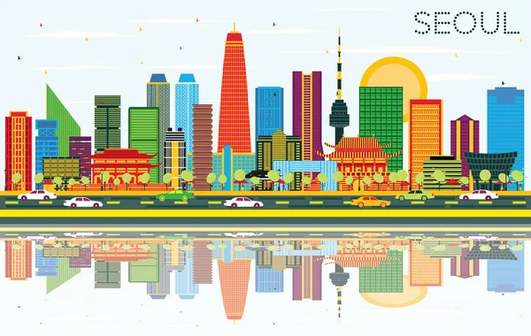 Seoul Korea Skyline with Color Buildings, Blue Sky and Reflectio — Stock Vector