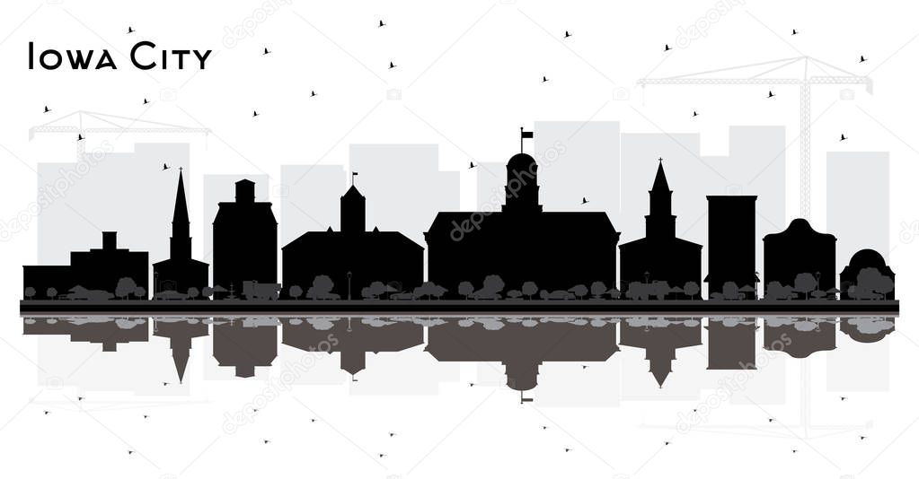 Iowa City Skyline Silhouette with Black Buildings and Reflection
