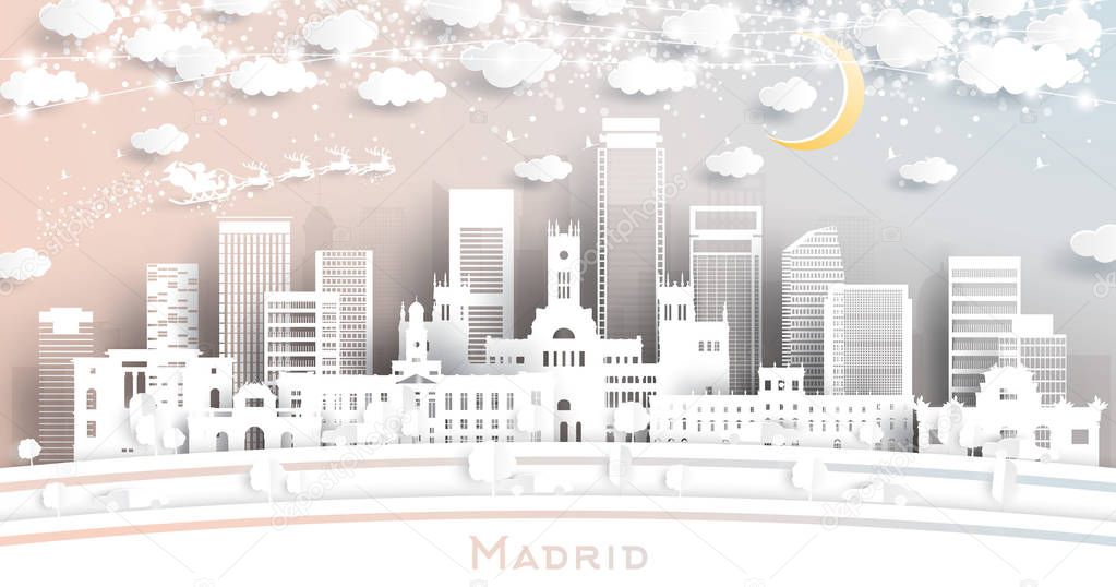 Madrid Spain City Skyline in Paper Cut Style with Snowflakes, Mo