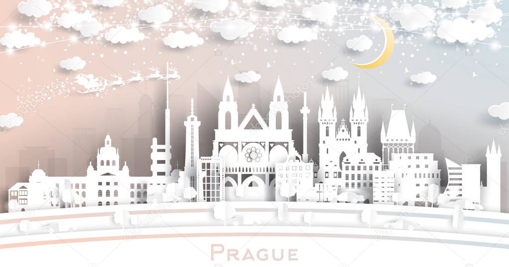 Prague Czech Republic City Skyline in Paper Cut Style with Snowf