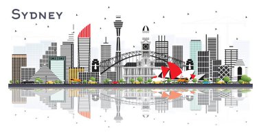 Sydney Australia City Skyline ile Gri Binalar ve Yansımalar Beyaz Arkaplanda İzole Edildi. Modern Mimariyle İş Seyahatleri ve Turizm Konsepti. Simgeli Sydney Şehir Manzarası.