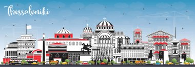 Selanik, Renkli Binalar ve Mavi Gökyüzü ile Yunanistan Şehri Skyline. Vektör İllüstrasyonu. Tarihi ve Modern Mimariyle İş Seyahat ve Turizm Konsepti. Tarihi Simgelerle Selanik Şehri.