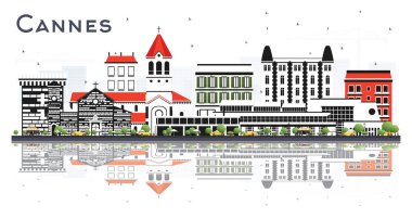 Cannes France City Skyline 'da Gri Binalar ve Beyaz' a Yansımalar İzole Edildi. Vektör İllüstrasyonu. Modern ve Tarihi Mimariyle İş Seyahatleri ve Turizm Konsepti. Simgeli Cannes Şehir Alanı.
